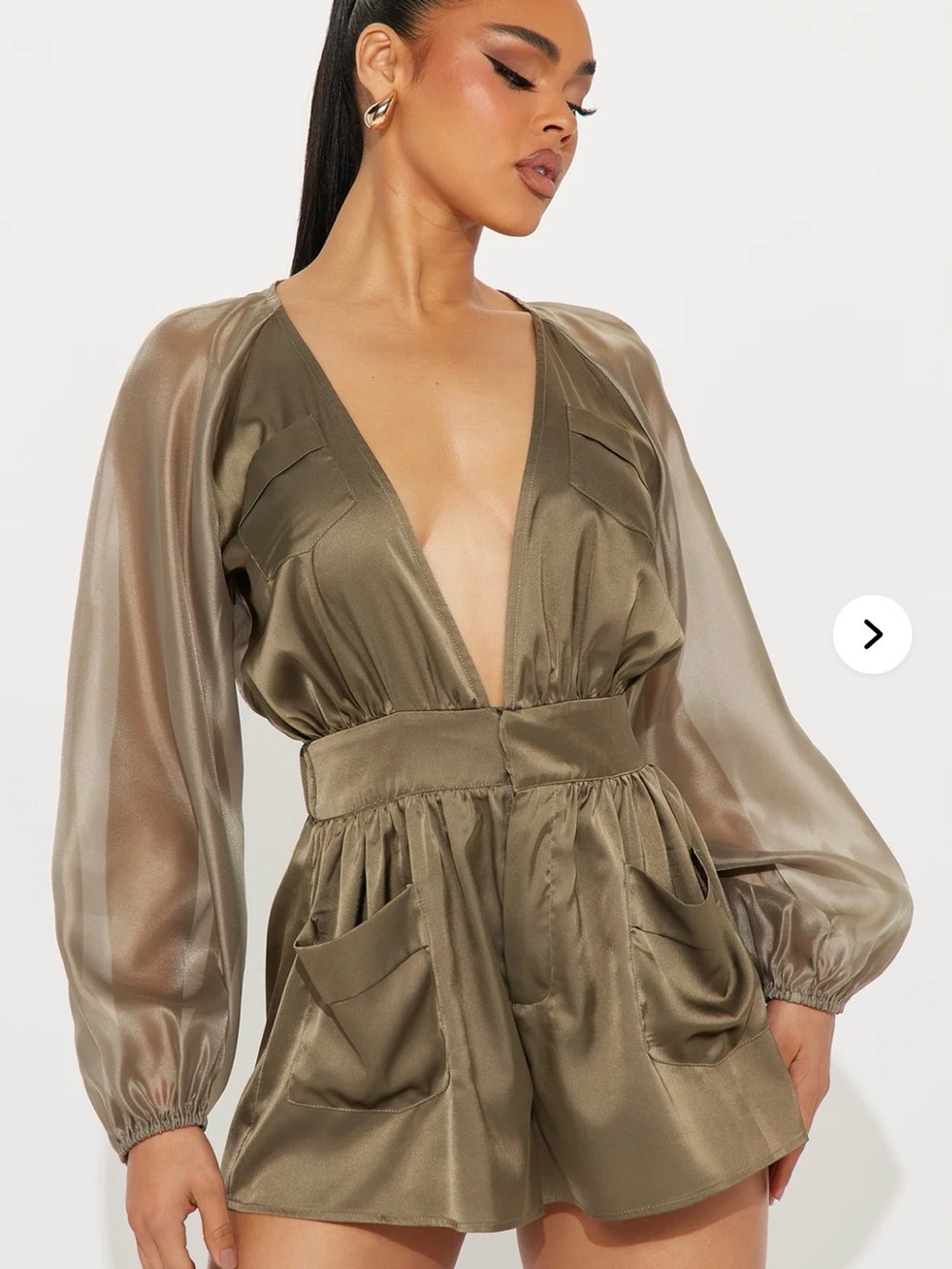 Fashion Nova Olive Satin Plunging Romper with Sheer Sleeves
